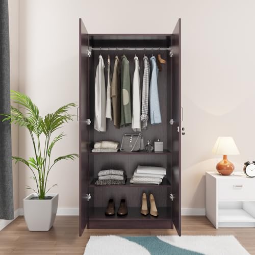 Image of VIKI Wardrobe | Batanes Wardrobe | Wooden Almirah for 2 Door Wardrobe with 2 Shelves & Hanging Space with Mirror (Dark Wenge - 40D x 80W x 180.8H) | 1 Year Warranty | Free Assembly