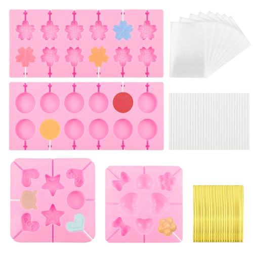 XIACIBDUS 4 Stück Silikon Lollipop Form, Schokoladen Süßigkeiten Form, Wiederverwendbare Lutscher Silikonformen mit 100 Bändern,100 Lutscherstäbchen,100 Packsack für Lutscher,Gelee und Schokolade