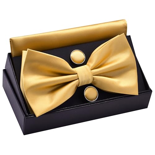 Image of GUSLESON Men's 3-pc Solid Color Bow Tie Gift Set - Double‑Fold Pre-Tied Bow Tie, Pocket Square, Cufflinks - Wedding Formal Party