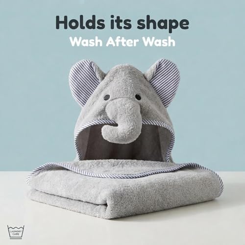 Image of EVERYDAY KIDS Hooded Baby Toddler Bath Towel for Boys and Girls - 3D Gray Elephant with Ears and Trunk; Soft and Absorbent Terry Cloth Hooded Towel for Young Kids; Gender Neutral Baby Bath Essential