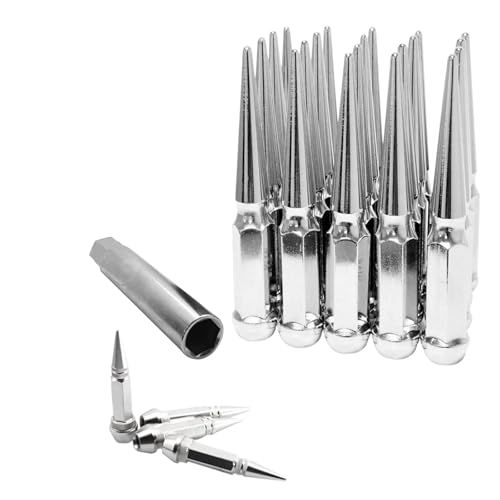 Image of Set of 32 6 inch Tall 14mmx1.5 Spike Lug Nut with Key Fit Sequoia Tundra LC LS LX & More, 4 Pcs Aluminum Tires Valve Stem Cover Caps, Chrome
