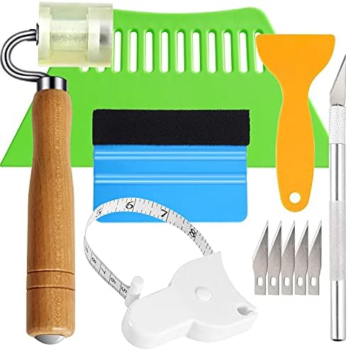 Adhesive Wallpaper Install Tool Kit with Double-sided Tape Measure, Craft Knife with 5 Blades, 3 Types of Scrapers, PU Hand Roller, for Wallpaper Window Film and Car Deadening Mats