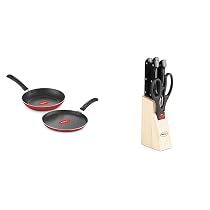 Pigeon Aluminium Nonstick Duo Pack Flat Tawa 250 and Fry Pan 200 Gift Set (Red) by Stove Kraft Shears Kitchen Knifes 6 Piece Set with Wooden Block