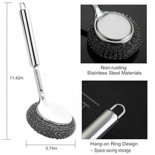 Image of 4pcs Stainless Steel Wool Scrubber with Long Handle Steel Scrubber Wool Pads for Cleaning Dishes Metal Scrubber Pot Scrubbers for Iron Pots, Stoves, Barbecue Grills, Wash Sink,Pans, Griddles
