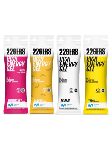 226ERS High Energy Gel Pack Aromas Naturales   Lote de 4 Geles Energéticos de 76g (Fresa, Banana, Limón y Neutro)   Con Ciclodextrina, Sin Aditivos Artificiales, Energía Sostenida para Larga Distancia