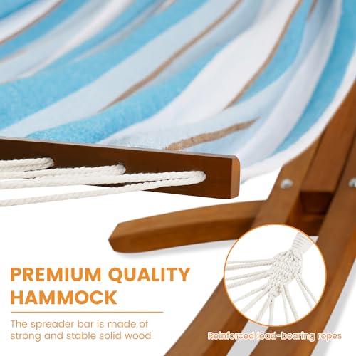 Lazy Daze Hammocks Cotton Fabric Spreader Bar Hammock and 10.5 Ft Wood Arc Hammock Stand Combo, for Indoor, Outdoor, Patio, Backyard, Blue and White - Thumbnail 4