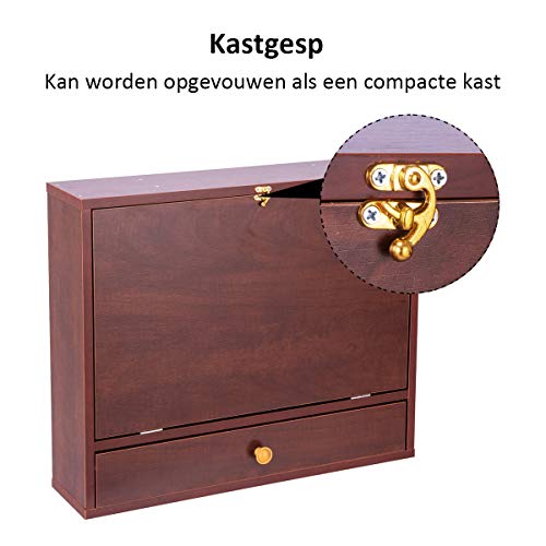 COSTWAY Wandgemonteerde tafel, opvouwbaar laptopbureau, multifunctionele kast met opbergvak en -lade, wand ophangende schrijftafel, compacte houten laptoptafel, zwevende wandbureau, computerbureau voor thuiskantoor (Bruin) - Afbeelding 4