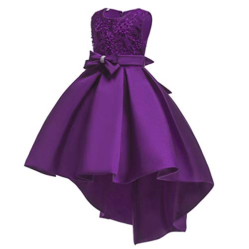 Girls High-Low Lace Embroidery Beaded Pleated Birthday Tutu Dress Flower Girl Princess Wedding Bridesmaid Pageant First Communion Prom Dance Party Formal Ball Gown For Kids Purple 11-12 Years #TOP1