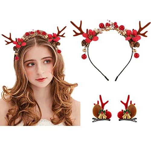 IYOU Serre-tête de Noël avec pinces à cheveux en bois de renne rouge et baies rouges - Accessoire de cheveux pour adultes et enfants