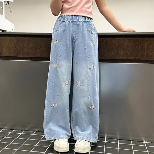 Teens Girls Baggy Jeans Embroidered Straight Leg Elastic Waist Trousers Streetwear Casual Denim Pants for 5-16 Years2