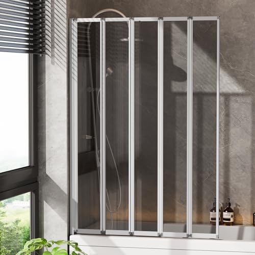 INMOZATA Shower Screen, 5 Panel Folding Bath Shower Screen, Over Bath Shower Screens Tempered Grey Glass Panel Shower Screens（1200 * 1400mm，Metallic Silver & grey）