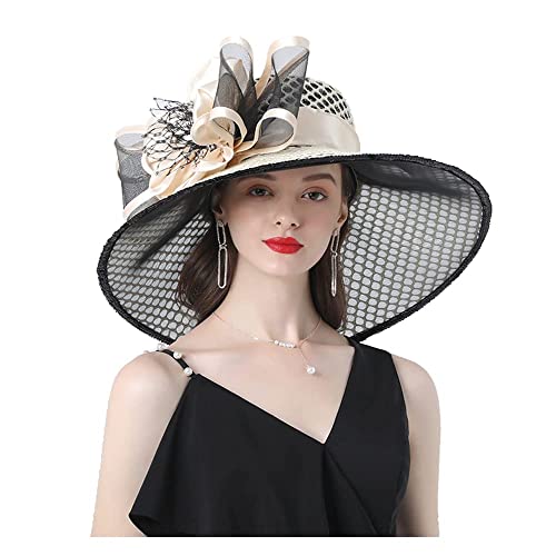 BOMBIKINI Retro Sonnenhut mit breiter Krempe Organzahut für Frauen Kirchenhut Braut-Hochzeitshut Party Hut Reise-Strandhut,Beige