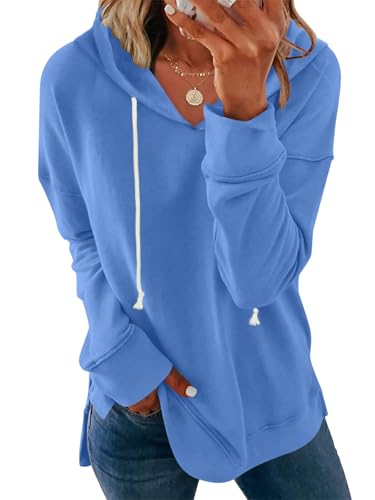 Syellowafter Women Relaxed Drawstring Hoodie Comfy Loungewear Long Sleeve Casual Warm Sweatshirt Tunic Tops Fall Pullover Blue Small