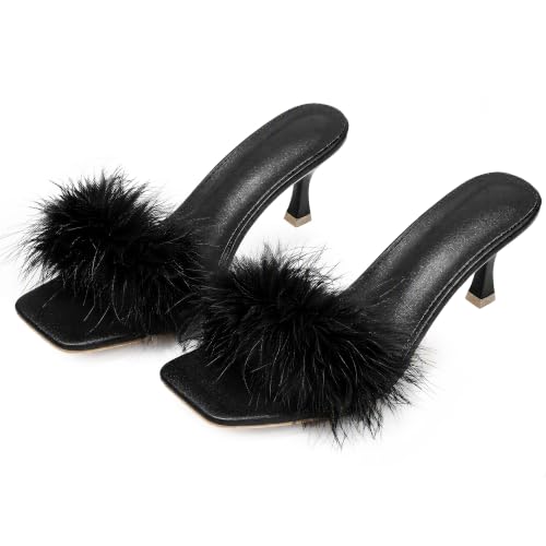 Image of YIBLBOX Women's Feather Heels Open Toe Sandal Fluffy Fur High Heel Shoes