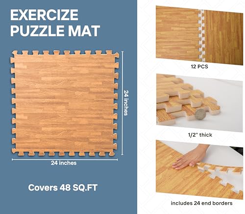 Image of Art3d 48 Sq.Ft Eva Puzzle Exercise Mats, 24 inchx24 inch x 1 /2 inch Thick Foam Interlocking Tiles for Flooring, Workout, Gym Equipments, Pack of 12, Teak