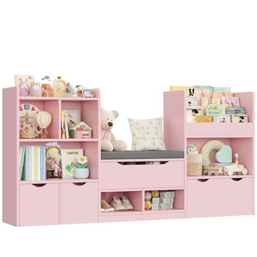 FOREHILL Meuble Rangement Enfant 183cm Bibliothèque Enfant avec Banc 11 Étagères 3 Tiroirs...
