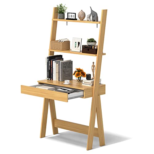 Tangkula Ladder Desk with Countertop & Drawer, Freestanding 2-Tier Ladder Shelf Desk, Modern Computer Desk Laptop Table with Storage Bookshelf, Anti-Toppling Device (Natural)