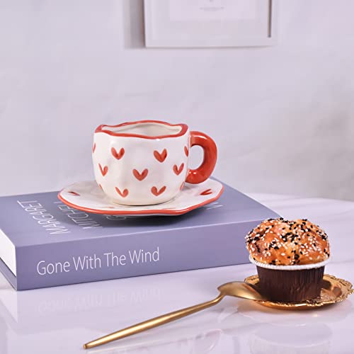 Image of Koythin 10oz Irregular Ceramic Mug With Saucer, Red Heart Latte Tea Cup
