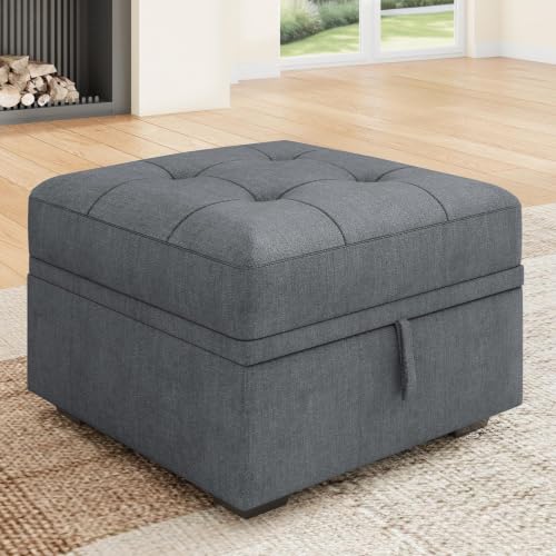 Image of HONBAY Small Storage Ottoman Upholstered Square Bench Ottoman for Living Room,Chenille Bluish Grey
