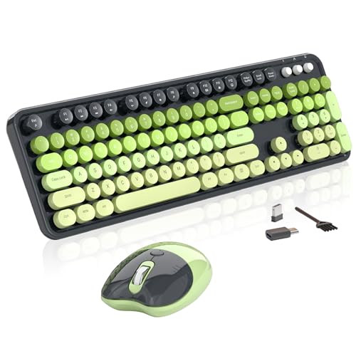 Image of Wireless Keyboard and Mouse, MOFII 104 Round Keycaps Retro Typewriter with OTG & Brush, Full-Size Ergonomic, Ideal for Windows PC, Home, Office and College Gray Green