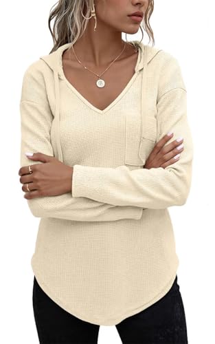 Yutdeng Sudaderas Mujer con Capucha Camiseta Manga Larga Top Waffle Punto Pullover Cuello V con Cordón Sweatshirt Mujer Sudadera Larga Casual Jersey Largo Blusas Otoño Primavera Hoodie,Beige,L