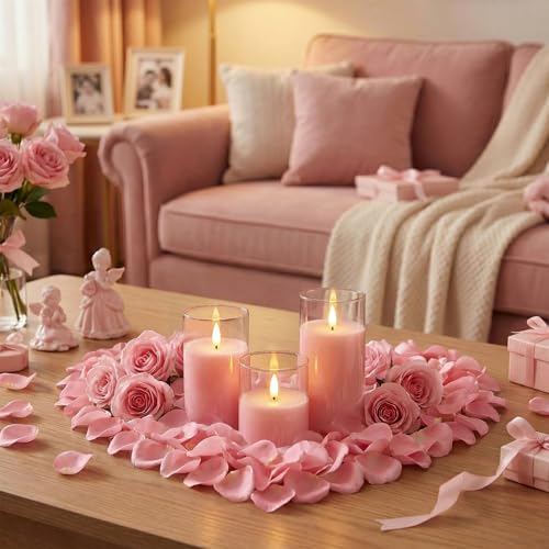 Image of Homemory Pink Glass Flameless Candles, Battery Operated LED Pillar Candles with Remote & Timer, Real Wax Flickering Candles, Romantic Decorative Lights for Home Wedding Party, Set of 3