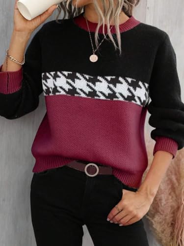Image of chouyatou Women's Vintage Color Block Long Sleeve Pullover Sweater Houndstooth Printed Crewneck Jumper Tops