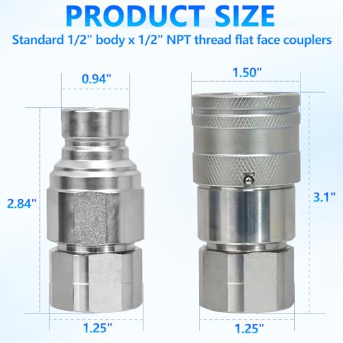 Image of 1 /2'' NPT Flat Face Hydraulic Quick Connect Couplers /Couplings with Dust Caps, The Universal Bobcat Flat Face Quick Connect Fittings with with 1 /2'' Body ISO 16028 Standard-4Set