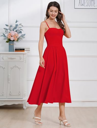 Image of ABEHIK Women Floral Corset Dress Boho Spaghetti Strap Lace Up Casual Midi Dresses with Pockets Low Cut Flowy Bustier Sundress