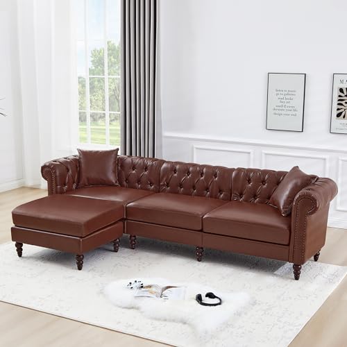 Image of LEVNARY 108 inch L-Shaped Chesterfield Sectional Couch with Movable Ottoman, 4-Seat Couch with Rolled Arms, Upholstered PU Leather, Mid-Century Tufted Corner Sofa for Living Room Bedroom Office (Brown)