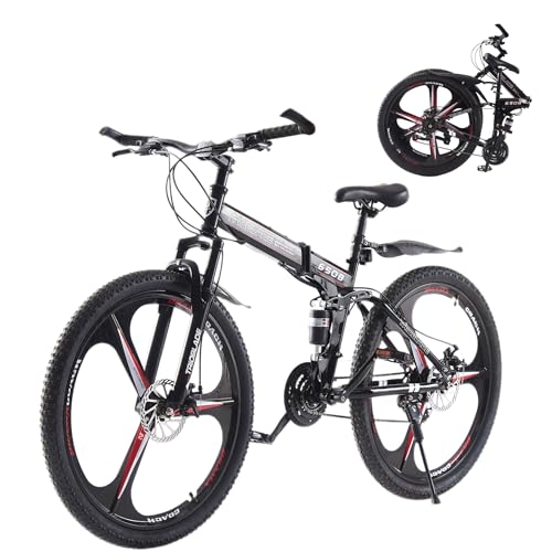 LSBIKE 24/26/27.5 Zoll Klappbares Mountainbike, 21 Gang Shimano Schaltung, MTB mit Doppel-Federung, Leichtbau-Rahmen Mountain Bike, Faltbares Sport Fahrrad für Erwachsene (Schwarz-Rot, 27.5 Zoll)