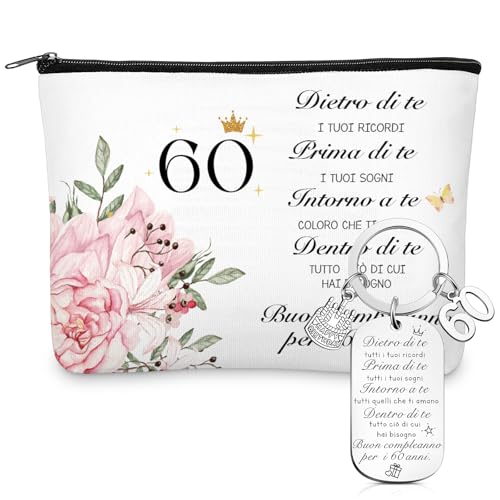 Xuniea Regalo per il 60° Compleanno per le Donne 60° Borsa per Cosmetici da Donna e un Portachiavi Idea Regalo per il Compleanno di Donne, Mogli, Madri, Nonne, Amiche(Number 60)