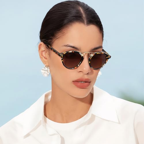 Image of CARFIA Double Bridge Small Acetate Sunglasses for Women Polarized, Retro Metal Brow Ladies Sunnies Fashion Round Eyewears