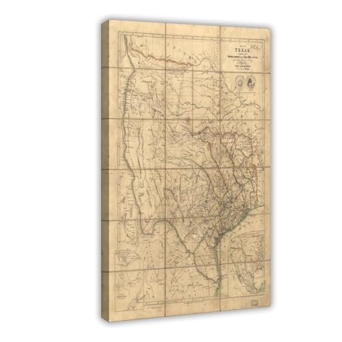 Carte murale historique du Texas de 1841 sur toile WCYB avec cadre suspendu 20x30 cm
