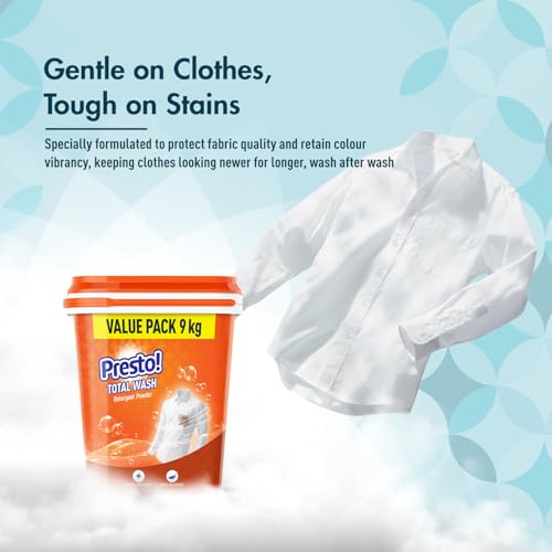 Image of Amazon Brand - Presto! Total Wash Matic Detergent Powder | 9 Kg Tub (1 Kg x Pack of 9) | Removes Tough Stains | Gentle On Fabrics | Refreshing Fragrance | Liquid Detergent For Washing Machine & Hand Wash