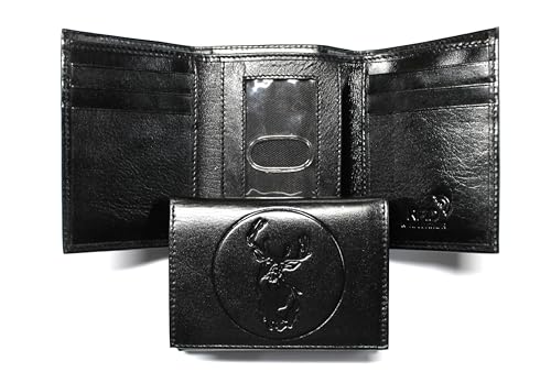 Deer Hunting Embossed Leather Trifold Wallet - Black RFID Safe2
