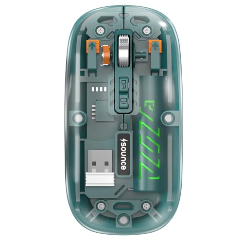 Sounce AeroClick Transparent Wireless Mouse with 800/1200/1600 DPI Optical Sensor Triple Mode Bluetooth BT5.1 and 2.4GHz Connectivity for PC Laptop Mac iPad Rechargeable 500mAh Battery (Cyan)