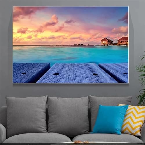 Peinture sur toile de paysage marin coucher de soleil bleu pour salon 60x80 cm
