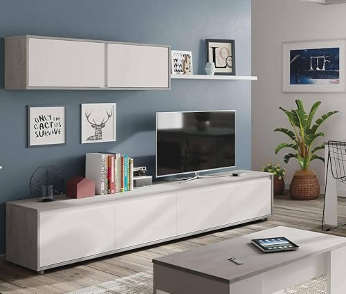 Dmora - Parete attrezzata Savannah, Mobile da soggiorno porta TV, Composizione set salotto, Set salotto con pensile, 200x41h43 cm, Bianco e Cemento