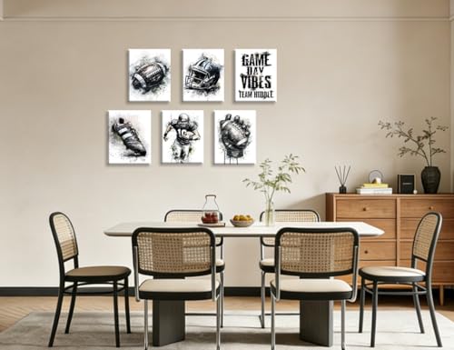 Image of Frimeeme Black and White Football Wall Art & Posters, 6 Pcs, 8x10 In | for Kids Boys Room Locker Room Dorm Living Room