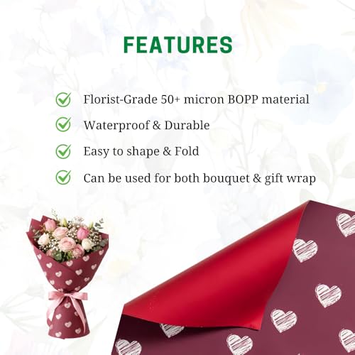 Image of Oasis - Pack of 10 Sheets Korean Style Waterproof Black Bouquet Wrapping Sheets (58cm x 58cm, 60 Microns) | Maroon Sketch Heart Design, Premium Giftwrap for Flowers & DIY Gift Wrapping Paper