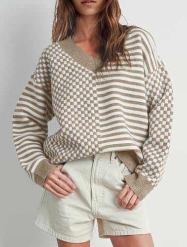 Image of UNCLECAT Womens Striped Checkered Sweater V Neck Fall Trendy Pullover Tops