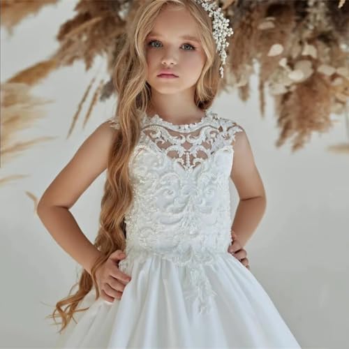 Satin Flower Girl Dresses for Wedding Lace Appliques Sleeveless Pageant Dress Girls Ball Gown Party Evening2
