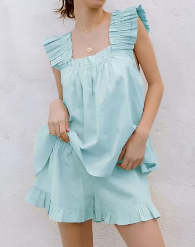 Image of Womens Summer 2 Piece Set Fashion Ruffle Trim Cami and Casual Shorts Set Cotton Pajama Sets
