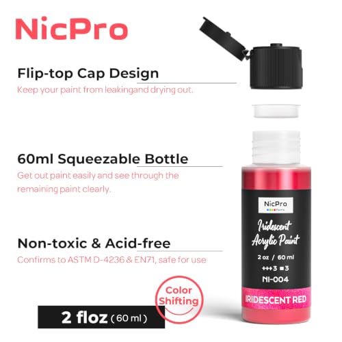 Image of Nicpro 20 Colors Iridescent Acrylic Paint Set,2oz Chameleon Metallic Paint | Color Shifting Glitter Craft Paint, Non-Toxic DIY Art Painting Supplies,Paint Kit for Canvas Rocks Wood Glass Ceramic Fabric