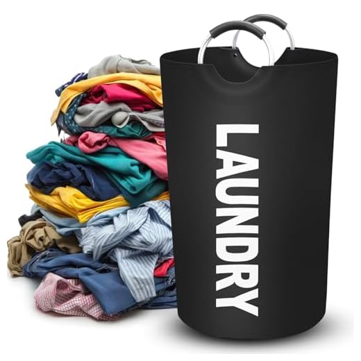 90L Large Laundry Basket, Collapsible Laundry Bag, Freestanding Tall Clothes Hamper, Foldable Washing Bin (Black)
