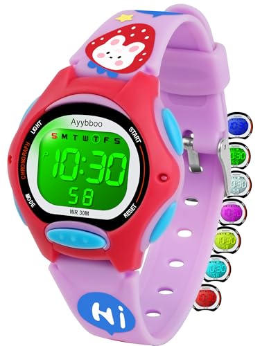 Kids Digital Watches for Girls Boys, 7 Color Lights Waterproof Cute Wristwatches for Kids with Alarm Stopwatch, Great Present for Girls Boys Ages 5-13 Cartoon Purple