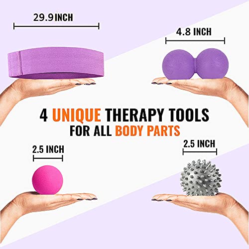 Pack Of 3 Massage Balls Set With 1 Resistance Band, Spiky, Lacrosse Ball, Peanut Muscle Roller Massager For Myofascial Trigger Point Release & Deep Tissue Massage, Fabric Booty Band For Legs & Butt #TOP1