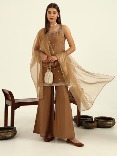 Image of FIORRA Women's Brown Viscose Chanderi Straight Kurta with Palazzo and Dupatta