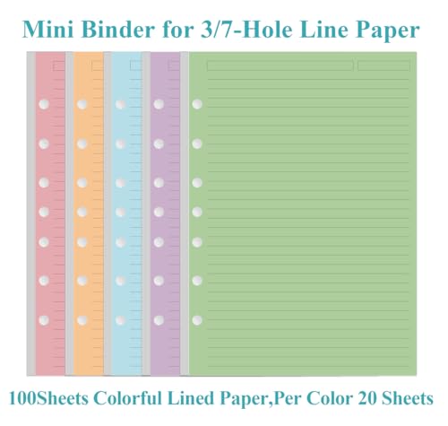 Mini Binder 5 Colorful Line Paper for 3 or 7 Ring Binders - 100 Sheets/200 Pages Loose Leaf Paper Line Refills, Per Color 20 Sheets, Desk Size 4, 5.8" x 8.5" - Thumbnail 4